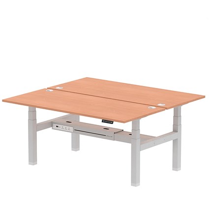 Air 2 Person Sit-Standing Bench Desk, Back to Back, 2 x 1800mm (800mm Deep), Silver Frame, Beech