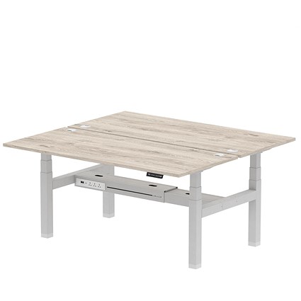 Air 2 Person Sit-Standing Bench Desk, Back to Back, 2 x 1800mm (800mm Deep), Silver Frame, Grey Oak