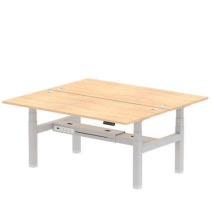 Air 2 Person Sit-Standing Bench Desk, Back to Back, 2 x 1800mm (800mm Deep), Silver Frame, Maple