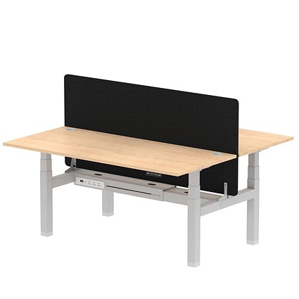 Air 2 Person Sit-Standing Bench Desk with Charcoal Straight Screen, Back to Back, 2 x 1800mm (800mm Deep), Silver Frame, Maple