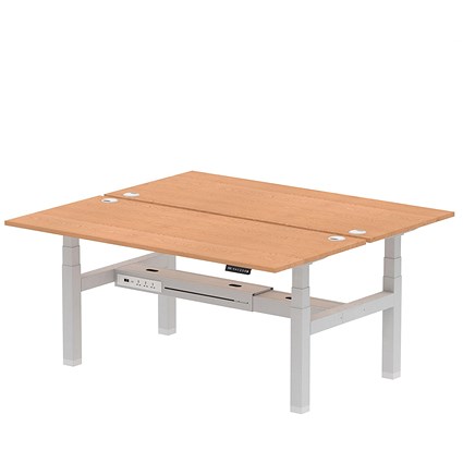 Air 2 Person Sit-Standing Bench Desk, Back to Back, 2 x 1800mm (800mm Deep), Silver Frame, Oak