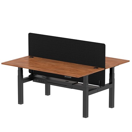 Air 2 Person Sit-Standing Bench Desk with Charcoal Straight Screen, Back to Back, 2 x 1800mm (800mm Deep), Black Frame, Walnut