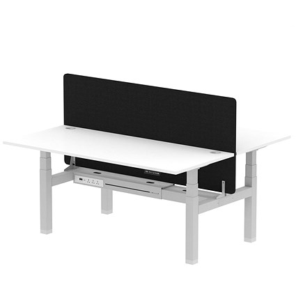 Air 2 Person Sit-Standing Bench Desk with Charcoal Straight Screen, Back to Back, 2 x 1800mm (800mm Deep), Silver Frame, White