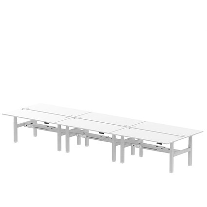 Air 6 Person Sit-Standing Bench Desk, Back to Back, 6 x 1800mm (800mm Deep), Silver Frame, White