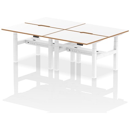 Oslo 4 Person Sit-Standing Bench Desk, Back to Back, 4 x 1200mm (800mm Deep), White Frame, White with Wooden Edge