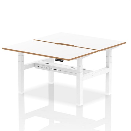 Oslo 2 Person Sit-Standing Bench Desk, Back to Back, 2 x 1400mm (800mm Deep), White Frame, White with Wooden Edge