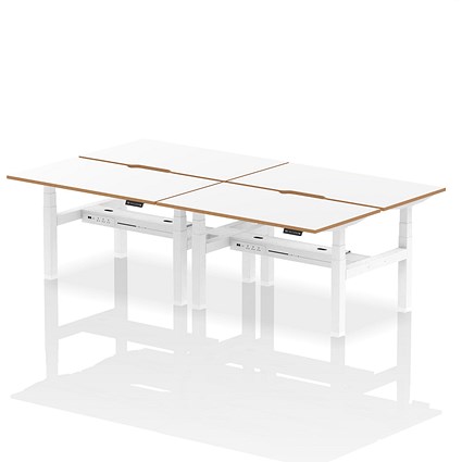 Oslo 4 Person Sit-Standing Bench Desk, Back to Back, 4 x 1400mm (800mm Deep), White Frame, White with Wooden Edge