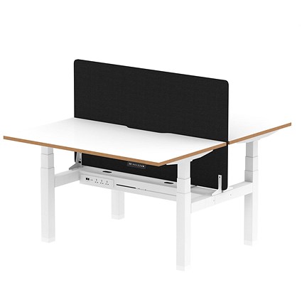 Oslo 2 Person Sit-Standing Bench Desk with Charcoal Straight Screen, Back to Back, 2 x 1400mm (800mm Deep), White Frame, White with Wooden Edge