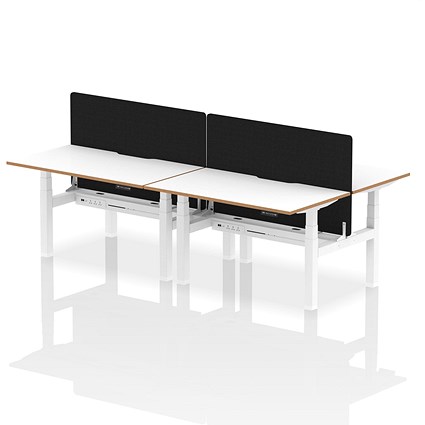 Oslo 4 Person Sit-Standing Bench Desk with Charcoal Straight Screen, Back to Back, 4 x 1400mm (800mm Deep), White Frame, White with Wooden Edge