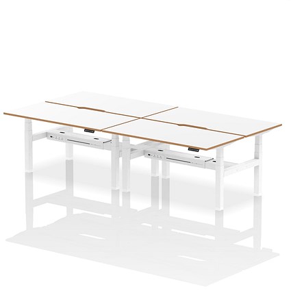 Oslo 4 Person Sit-Standing Bench Desk, Back to Back, 4 x 1600mm (800mm Deep), White Frame, White with Wooden Edge