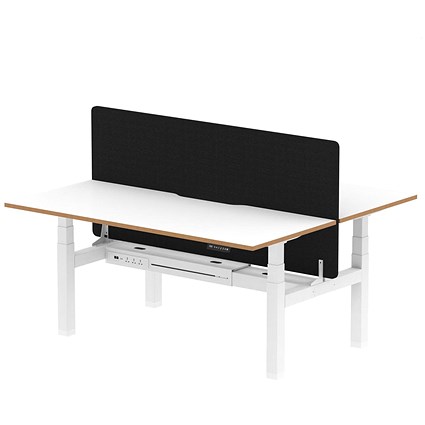 Oslo 2 Person Sit-Standing Bench Desk with Charcoal Straight Screen, Back to Back, 2 x 1600mm (800mm Deep), White Frame, White with Wooden Edge