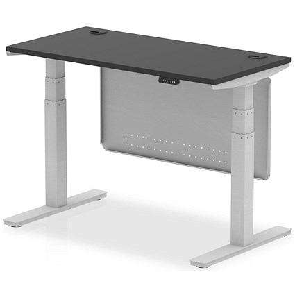 Air 1200mm Slim Rectangular Height Adjustable Desk with Modesty Panel, Silver Leg and Modesty Panel, Black