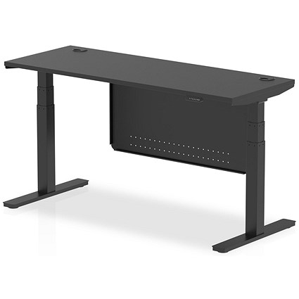 Air 1600mm Slim Rectangular Height Adjustable Desk with Modesty Panel, Black Leg and Modesty Panel, Black