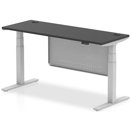 Air 1600mm Slim Rectangular Height Adjustable Desk with Modesty Panel, Silver Leg and Modesty Panel, Black