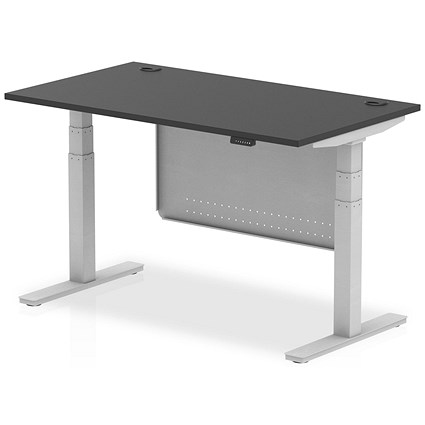 Air 1400mm Rectangular Height Adjustable Desk with Modesty Panel, Silver Leg and Modesty Panel, Black