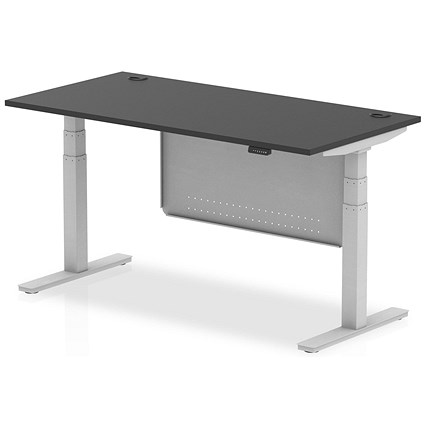 Air 1600mm Rectangular Height Adjustable Desk with Modesty Panel, Silver Leg and Modesty Panel, Black