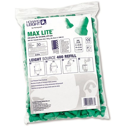 Howard Leight Max-Lite LS400 Earplug Dispenser Refill, Green, Pack of 200