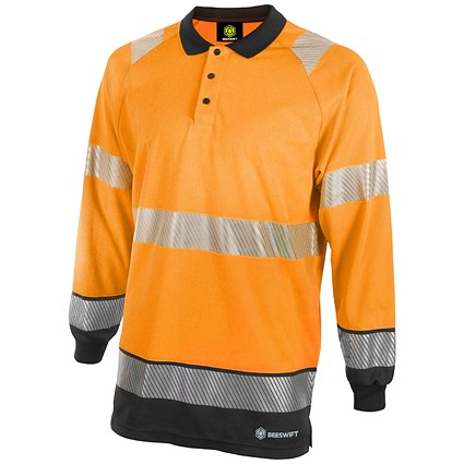 Beeswift High Visibility Two Tone Long Sleeve Polo Shirt, Orange & Black, XL