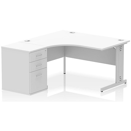 Impulse 1400mm Corner Desk with 600mm Desk High Pedestal, Left Hand, Silver Cable Managed Leg, White