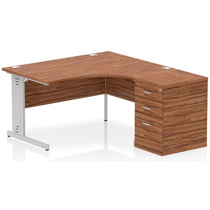 Impulse 1400mm Corner Desk with 600mm Desk High Pedestal, Right Hand, Silver Cable Managed Leg, Walnut