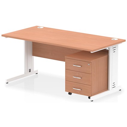 Impulse 1600mm Rectangular Desk, White Cable Managed Leg, Beech, With 3 Drawer Mobile Pedestal