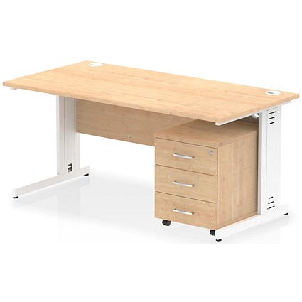 Impulse 1600mm Rectangular Desk, White Cable Managed Leg, Maple, With 3 Drawer Mobile Pedestal