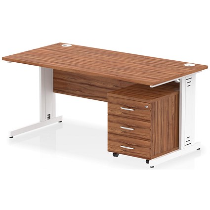 Impulse 1600mm Rectangular Desk, White Cable Managed Leg, Walnut, With 3 Drawer Mobile Pedestal