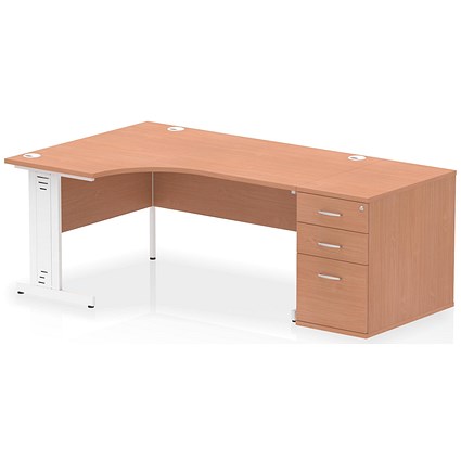 Impulse 1600mm Corner Desk, Left Hand, White Cable Managed Leg, Beech, With 800mm Deep Desk High Pedestal