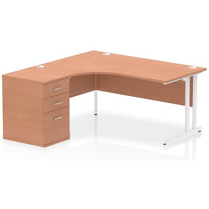 Impulse 1600mm Corner Desk, Left Hand, White Cantilever Leg, Beech, With 600mm Deep Desk High Pedestal