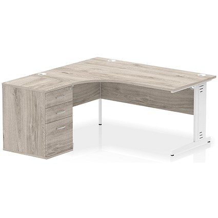 Impulse 1600mm Corner Desk, Left Hand, White Cable Managed Leg, Grey Oak, With 600mm Deep Desk High Pedestal