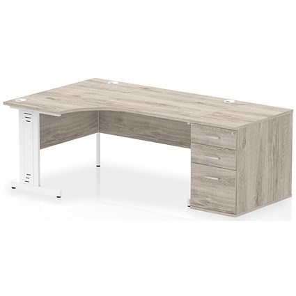 Impulse 1600mm Corner Desk, Left Hand, White Cable Managed Leg, Grey Oak, With 800mm Deep Desk High Pedestal