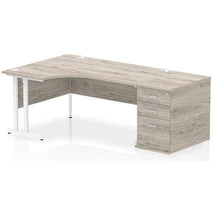 Impulse 1600mm Corner Desk, Left Hand, White Cantilever Leg, Grey Oak, With 800mm Deep Desk High Pedestal