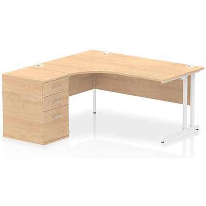 Impulse 1600mm Corner Desk, Left Hand, White Cantilever Leg, Maple, With 600mm Deep Desk High Pedestal