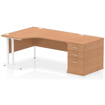 Impulse 1600mm Corner Desk, Left Hand, White Cantilever Leg, Oak, With 800mm Deep Desk High Pedestal