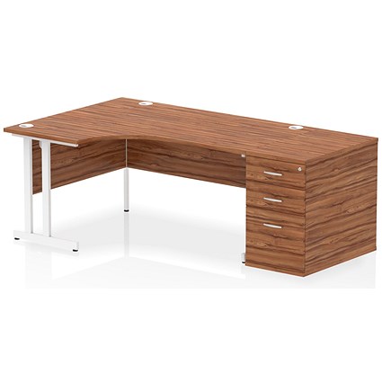 Impulse 1600mm Corner Desk, Left Hand, White Cantilever Leg, Walnut, With 800mm Deep Desk High Pedestal