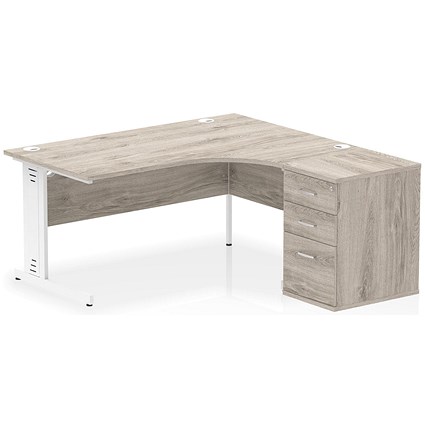 Impulse 1600mm Corner Desk, Right Hand, White Cable Managed Leg, Grey Oak, With 600mm Deep Desk High Pedestal