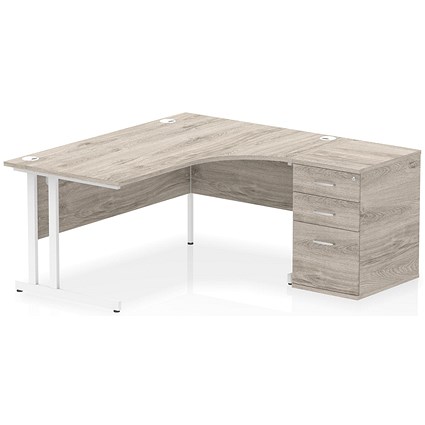 Impulse 1600mm Corner Desk, Right Hand, White Cantilever Leg, Grey Oak, With 600mm Deep Desk High Pedestal