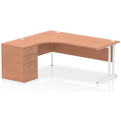 Impulse 1800mm Corner Desk, Left Hand, White Cantilever Leg, Beech, With 600mm Deep Desk High Pedestal