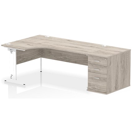 Impulse 1800mm Corner Desk, Left Hand, White Cable Managed Leg, Grey Oak, With 800mm Deep Desk High Pedestal