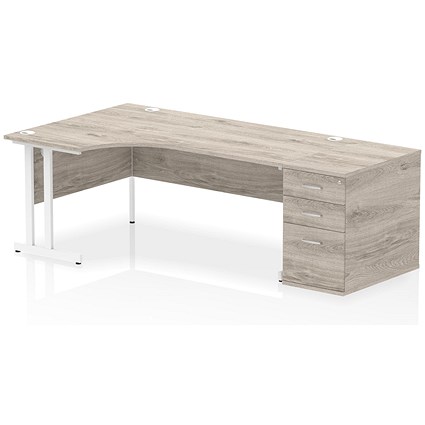 Impulse 1800mm Corner Desk, Left Hand, White Cantilever Leg, Grey Oak, With 800mm Deep Desk High Pedestal