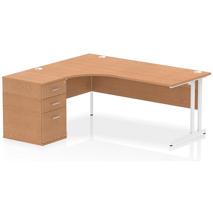 Impulse 1800mm Corner Desk, Left Hand, White Cantilever Leg, Oak, With 600mm Deep Desk High Pedestal