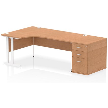 Impulse 1800mm Corner Desk, Left Hand, White Cantilever Leg, Oak, With 800mm Deep Desk High Pedestal