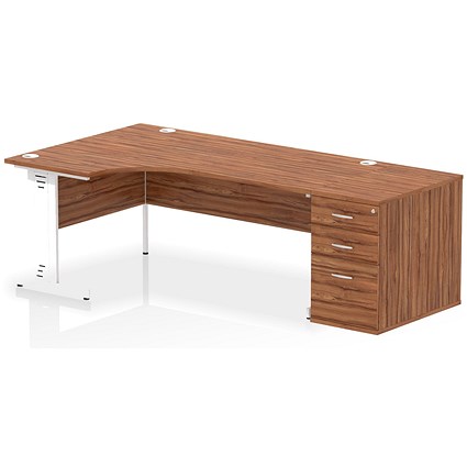 Impulse 1800mm Corner Desk, Left Hand, White Cable Managed Leg, Walnut, With 800mm Deep Desk High Pedestal