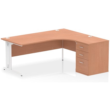 Impulse 1800mm Corner Desk, Right Hand, White Cable Managed Leg, Beech, With 600mm Deep Desk High Pedestal