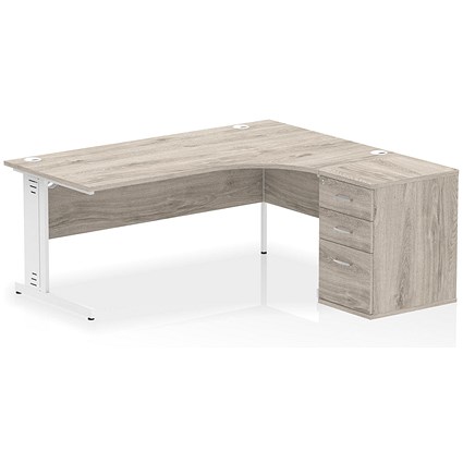 Impulse 1800mm Corner Desk, Right Hand, White Cable Managed Leg, Grey Oak, With 600mm Deep Desk High Pedestal