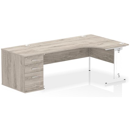 Impulse 1800mm Corner Desk, Right Hand, White Cable Managed Leg, Grey Oak, With 800mm Deep Desk High Pedestal