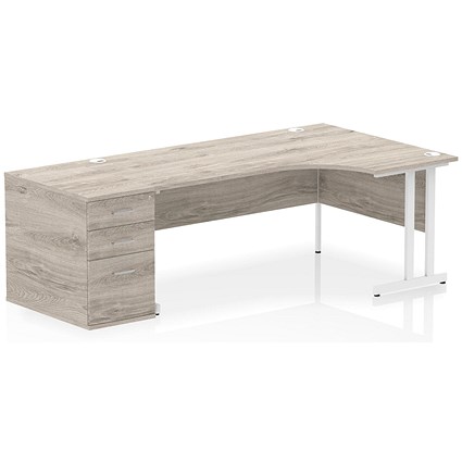 Impulse 1800mm Corner Desk, Right Hand, White Cantilever Leg, Grey Oak, With 800mm Deep Desk High Pedestal