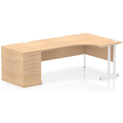 Impulse 1800mm Corner Desk, Right Hand, White Cantilever Leg, Maple, With 800mm Deep Desk High Pedestal