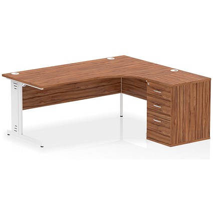 Impulse 1800mm Corner Desk, Right Hand, White Cable Managed Leg, Walnut, With 600mm Deep Desk High Pedestal