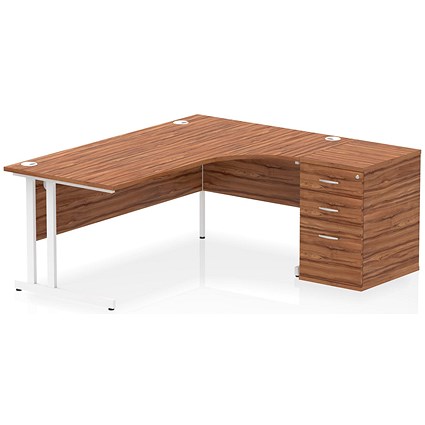 Impulse 1800mm Corner Desk, Right Hand, White Cantilever Leg, Walnut, With 600mm Deep Desk High Pedestal